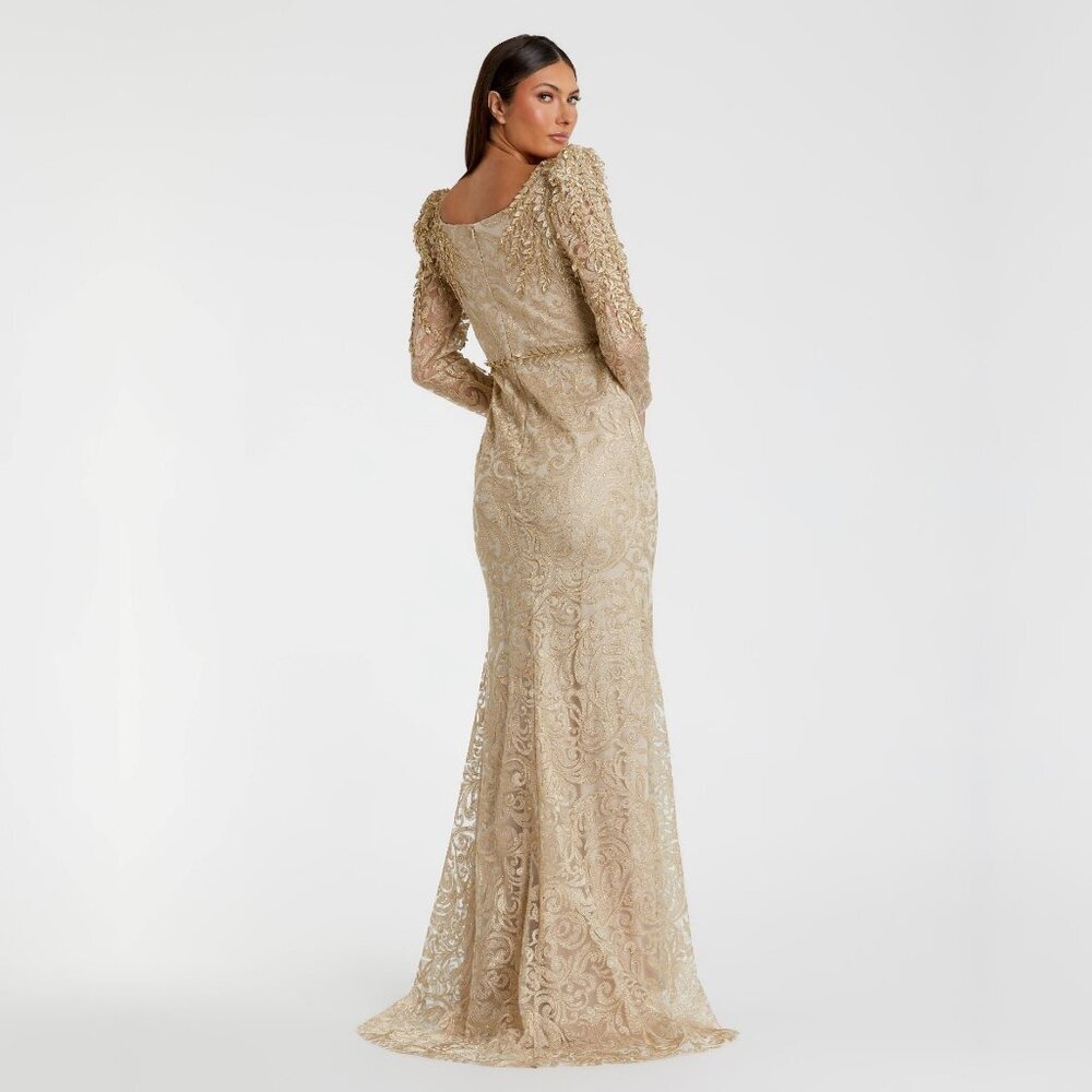 NWT Mac Duggal Gold Embroidered Lace Applique Shoulder Detail Trumpet Gown #8301 - Picture 4 of 8